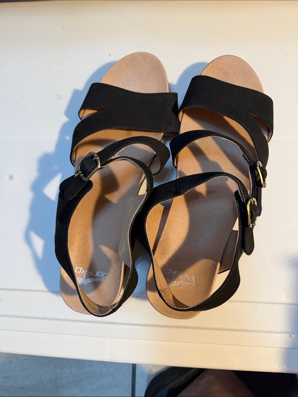 Dansko Black Leather Two-Strap Buckle Sandals